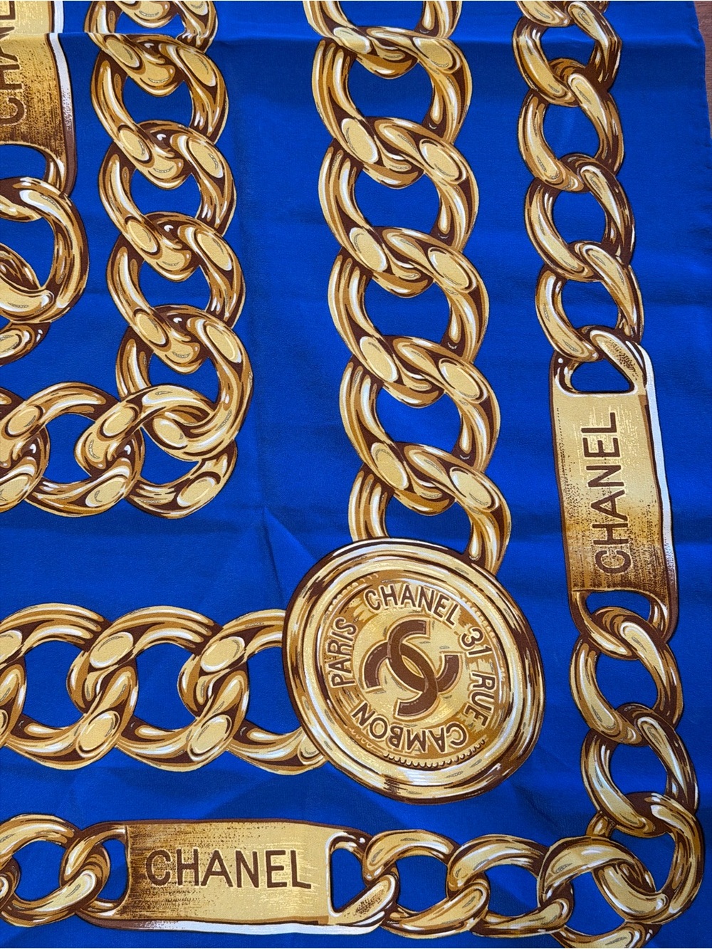 CHANEL Royal Blue Silk Scarf with Gold Chain Print - Picture 6 of 7